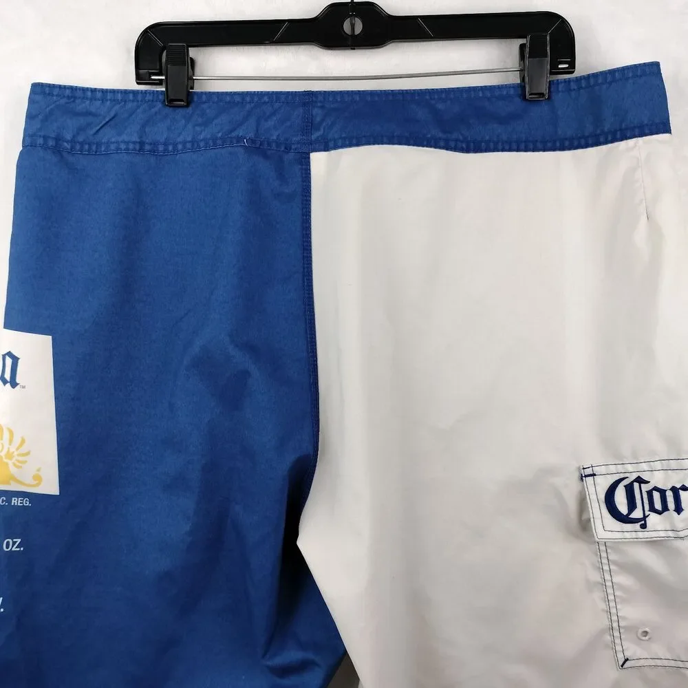 VTG Corona Board Shorts Mens Size 38 2XL Blue White Colorblock Beer Swim Suit